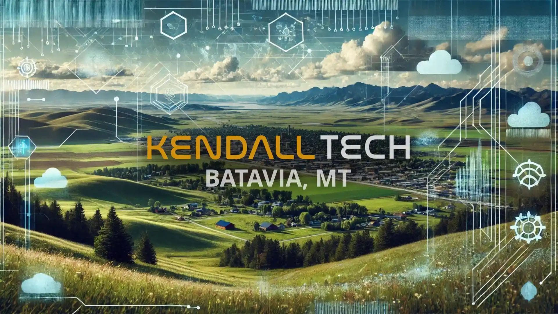 Logo of Kendall Tech with the sub-text ‘Batavia, MT’ overlayed on a scenic view of a natural landscape featuring mountains and a valley, with subtle abstract technology symbols blended into the sky, representing Remote Managed IT Services.