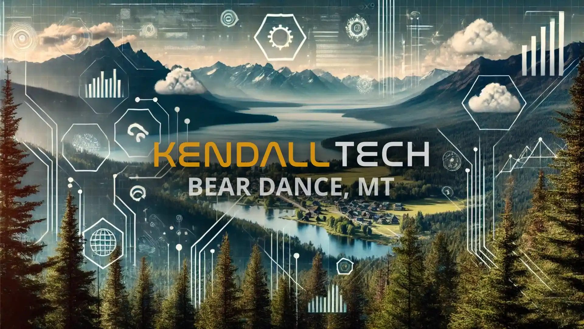 Logo of Kendall Tech with the sub-text ‘Bear Dance, MT’ overlayed on a scenic view of a natural landscape featuring mountains and a valley, with subtle abstract technology symbols blended into the sky, representing Remote Managed IT Services.