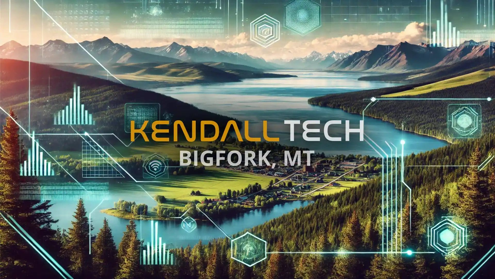 Logo of Kendall Tech with the sub-text ‘Bigfork, MT’ overlayed on a scenic view of a natural landscape featuring mountains and a valley, with subtle abstract technology symbols blended into the sky, representing Remote Managed IT Services.