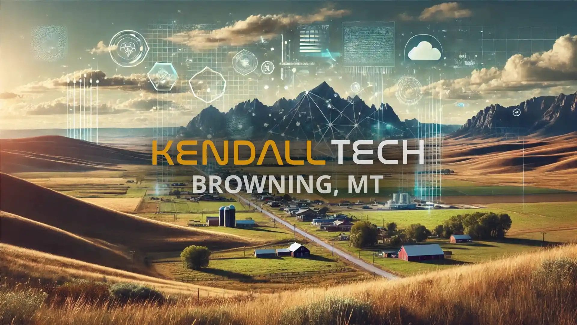 Logo of Kendall Tech with the sub-text ‘Browning, MT’ overlayed on a scenic view of a natural landscape featuring mountains and a valley, with subtle abstract technology symbols blended into the sky, representing Remote Managed IT Services.