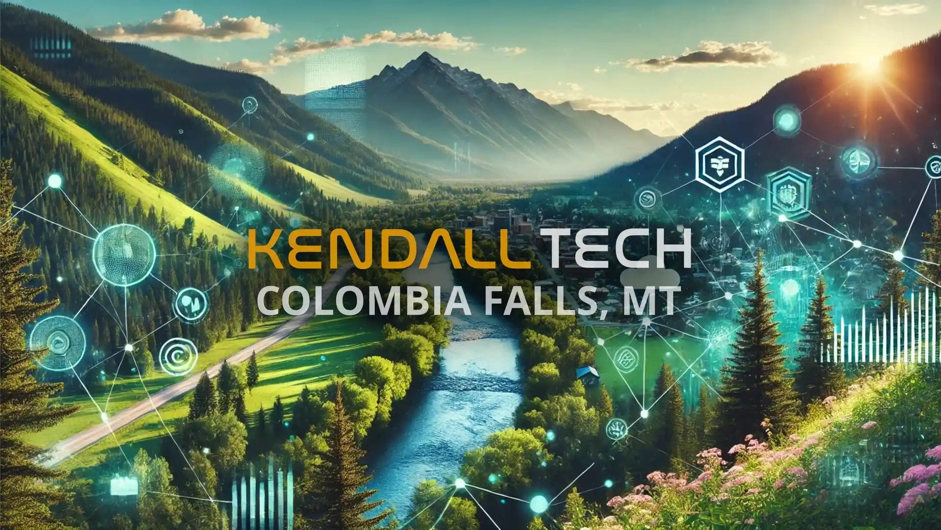 Logo of Kendall Tech with the sub-text ‘Columbia Falls, MT’ overlayed on a scenic view of a natural landscape featuring mountains and a valley, with subtle abstract technology symbols blended into the sky, representing Remote Managed IT Services.