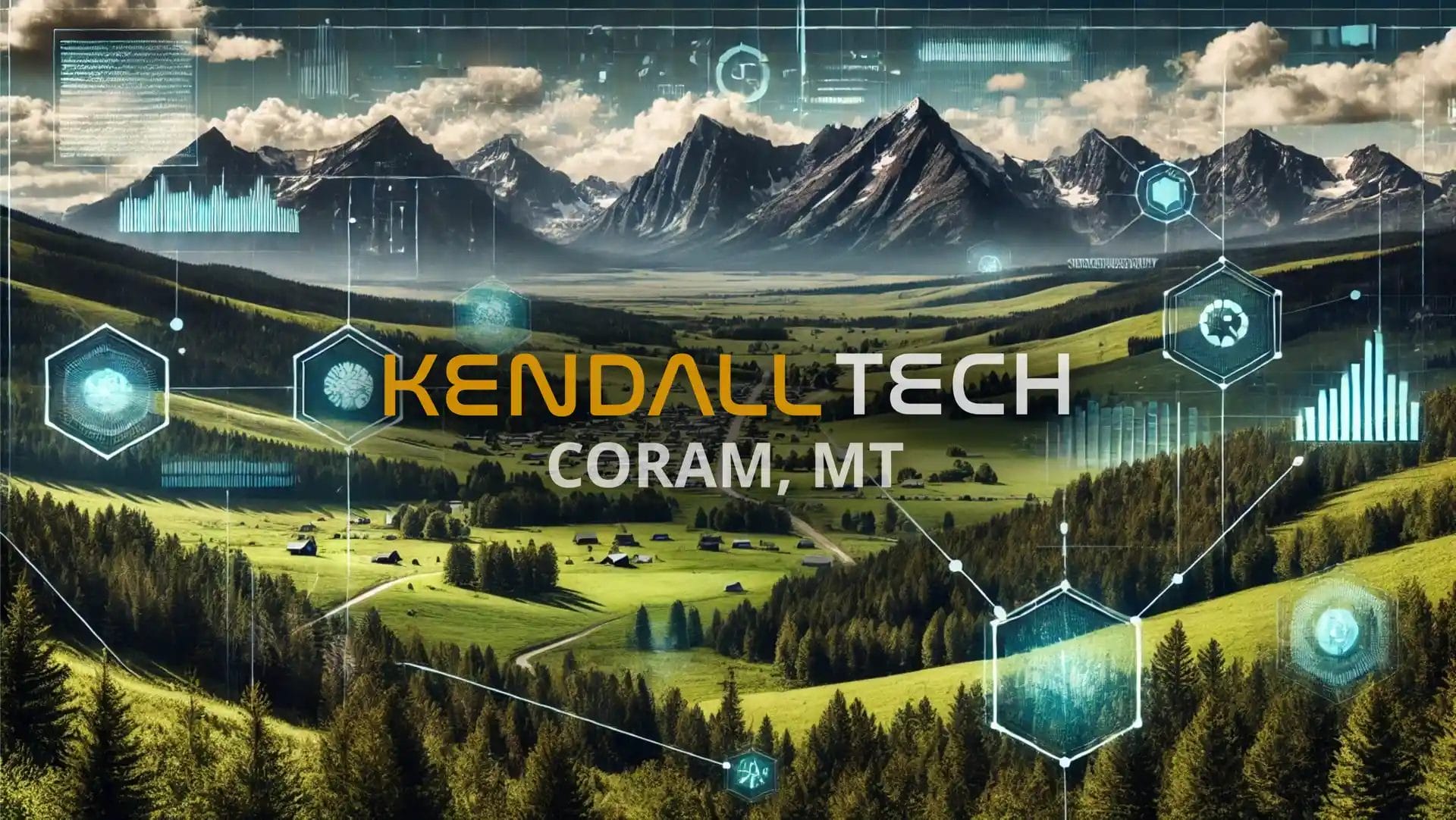 Logo of Kendall Tech with the sub-text ‘Columbia Falls, MT’ overlayed on a scenic view of a natural landscape featuring mountains and a valley, with subtle abstract technology symbols blended into the sky, representing Remote Managed IT Services.