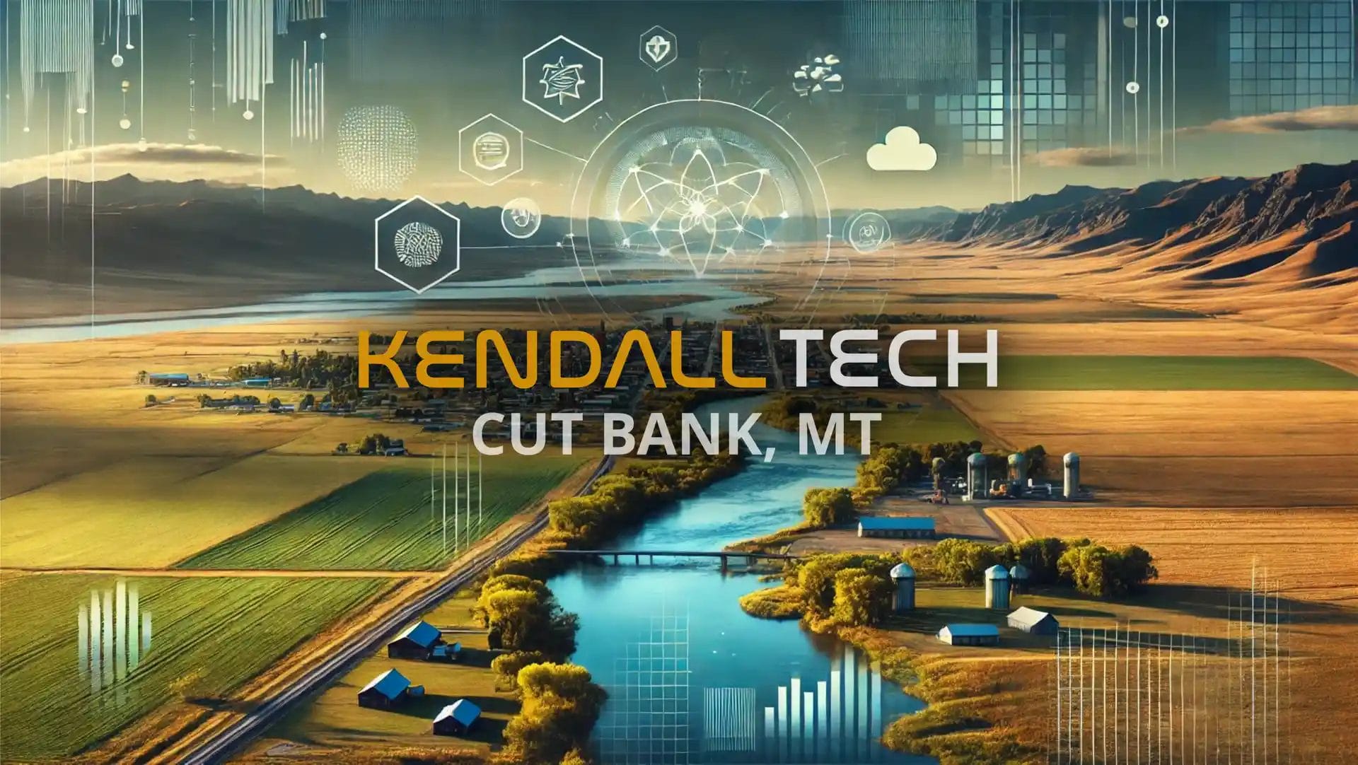 Logo of Kendall Tech with the sub-text ‘Coram, MT’ overlayed on a scenic view of a natural landscape featuring mountains and a valley, with subtle abstract technology symbols blended into the sky, representing Remote Managed IT Services.