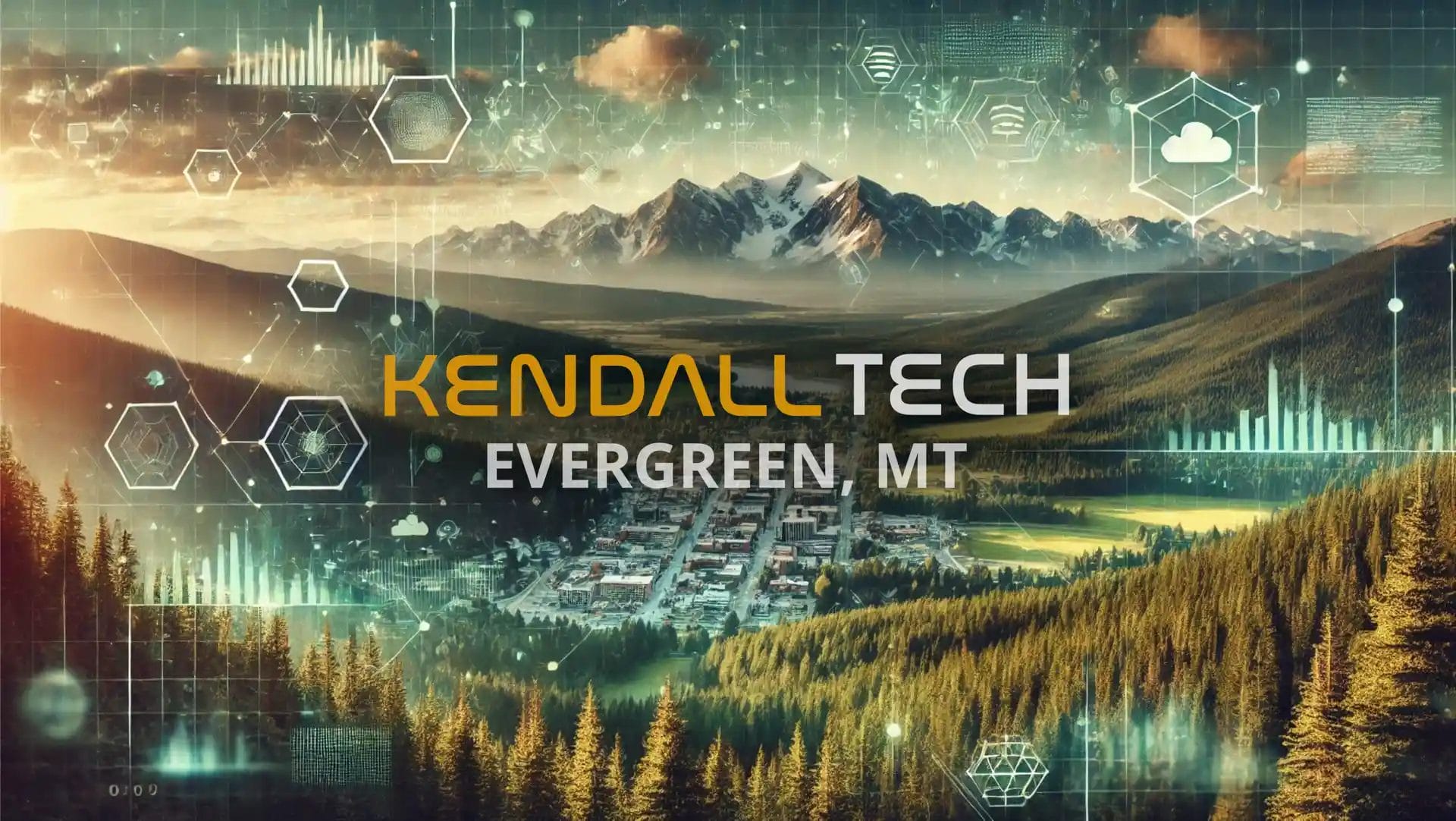 Logo of Kendall Tech with the sub-text ‘Eureka, MT’ overlayed on a scenic view of a natural landscape featuring mountains and a valley, with subtle abstract technology symbols blended into the sky, representing Remote Managed IT Services.