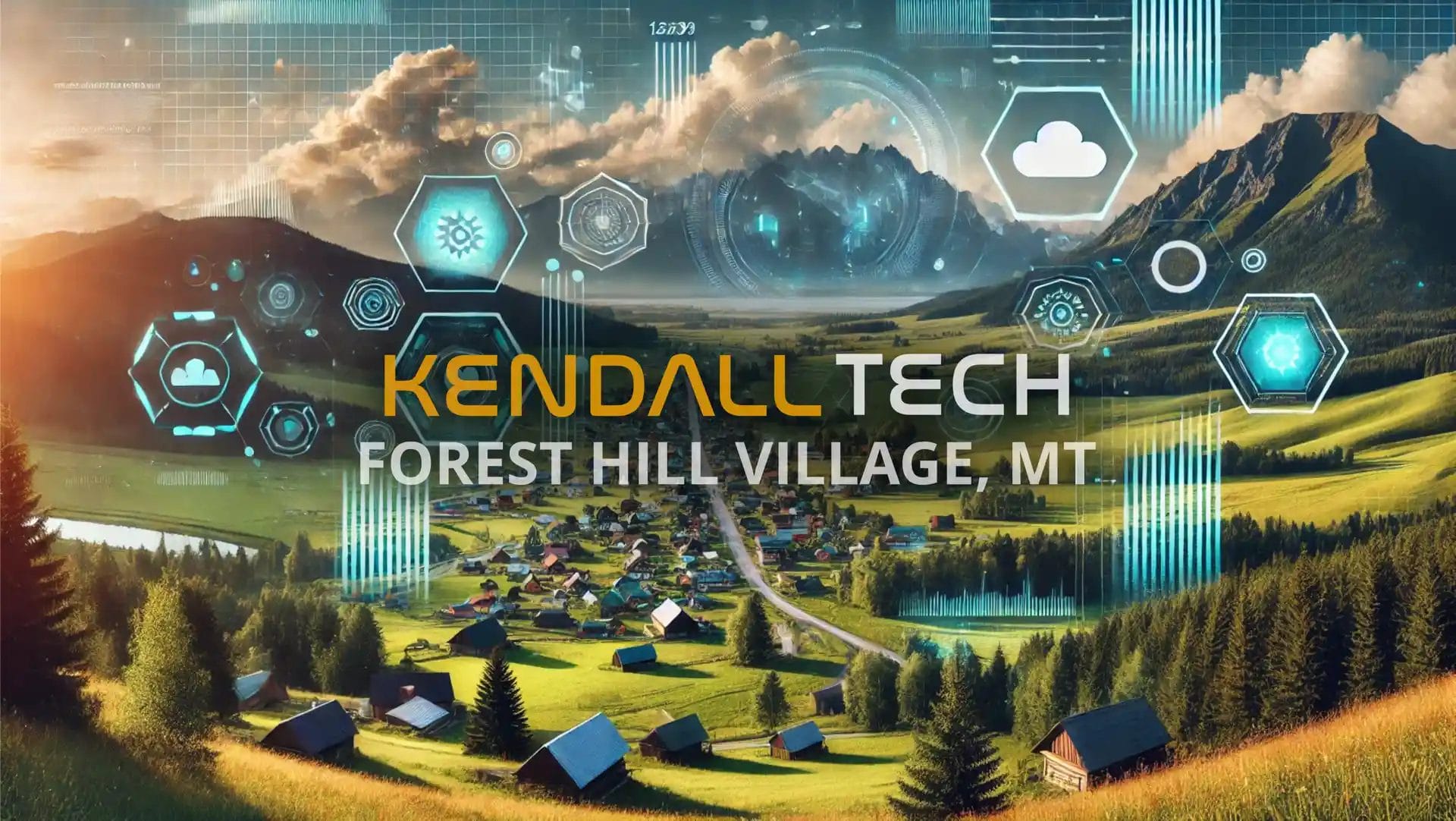 Logo of Kendall Tech with the sub-text ‘Evergreen, MT’ overlayed on a scenic view of a natural landscape featuring mountains and a valley, with subtle abstract technology symbols blended into the sky, representing Remote Managed IT Services.