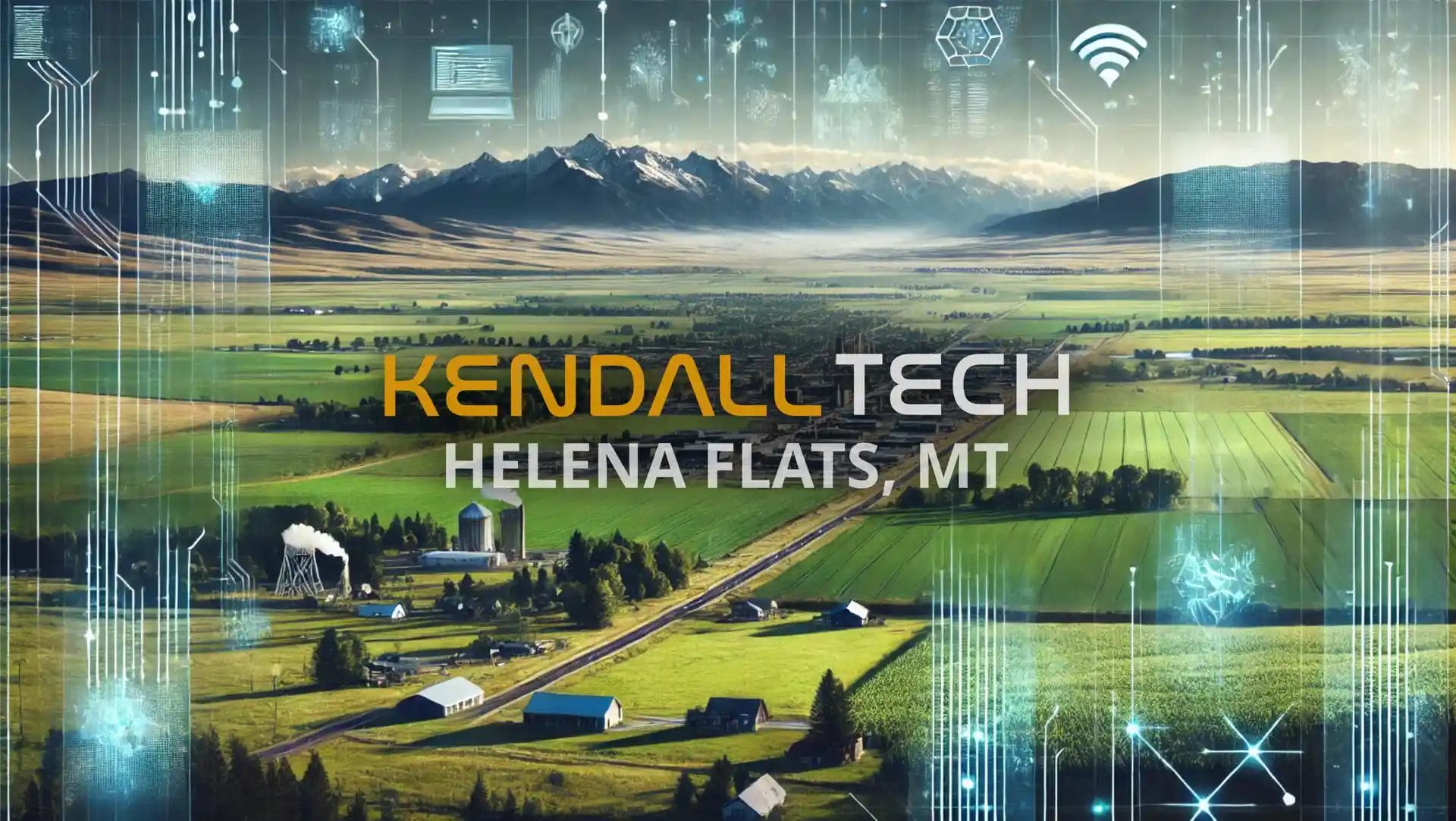 Logo of Kendall Tech with the sub-text ‘Forest Hill Village, MT’ overlayed on a scenic view of a natural landscape featuring mountains and a valley, with subtle abstract technology symbols blended into the sky, representing Remote Managed IT Services.