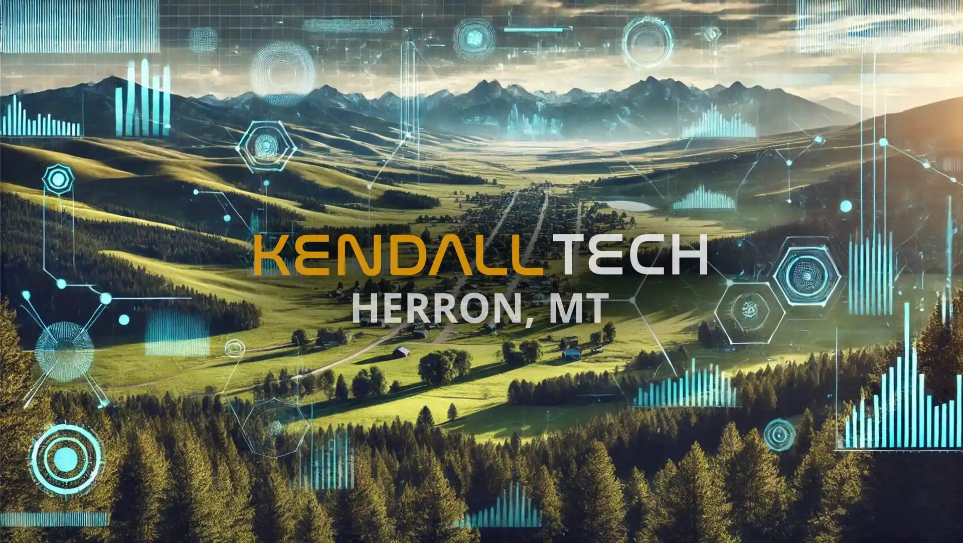 Logo of Kendall Tech with the sub-text ‘Helena Flats, MT’ overlayed on a scenic view of a natural landscape featuring mountains and a valley, with subtle abstract technology symbols blended into the sky, representing Remote Managed IT Services.