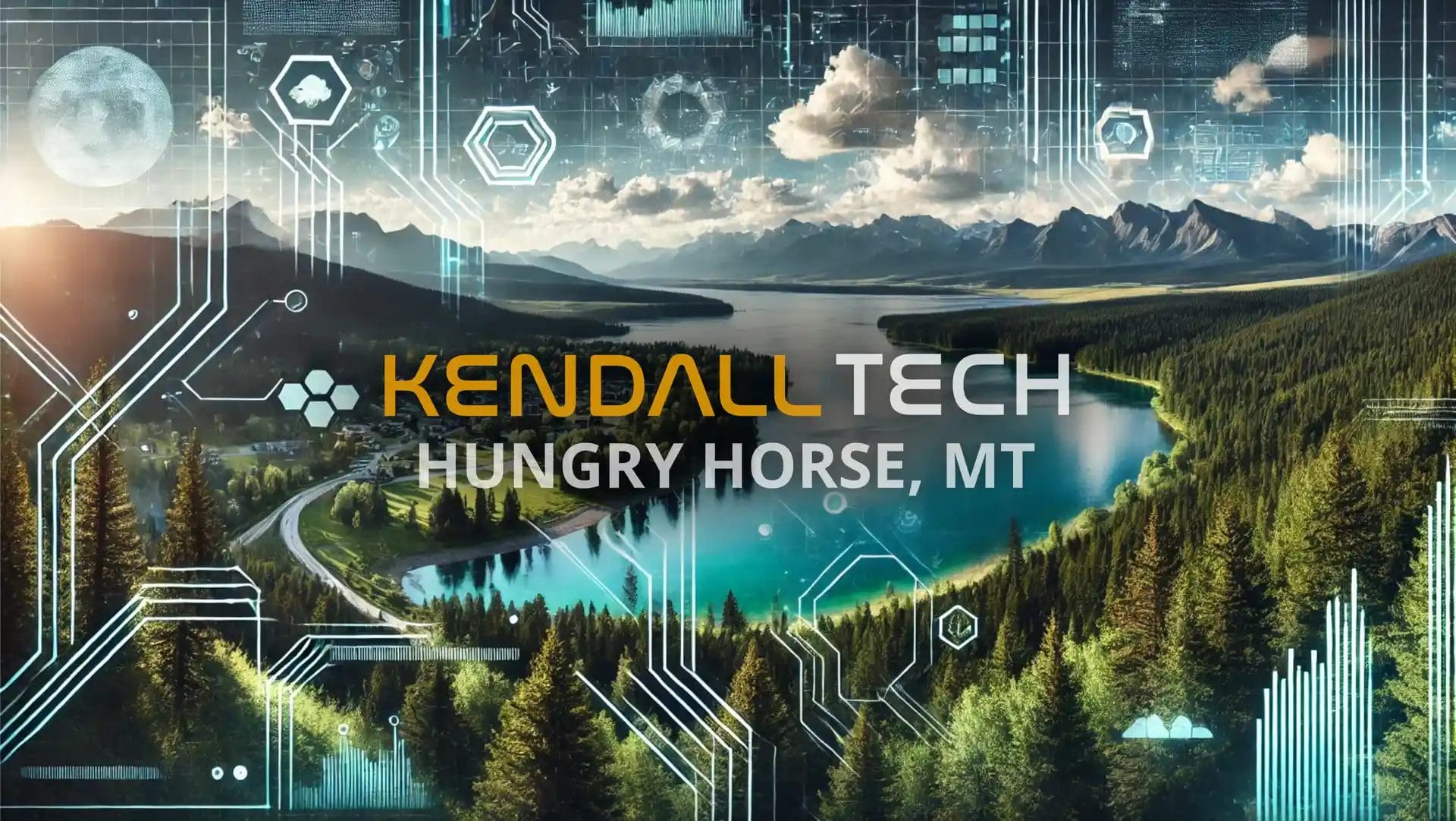 Logo of Kendall Tech with the sub-text ‘Herron, MT’ overlayed on a scenic view of a natural landscape featuring mountains and a valley, with subtle abstract technology symbols blended into the sky, representing Remote Managed IT Services.