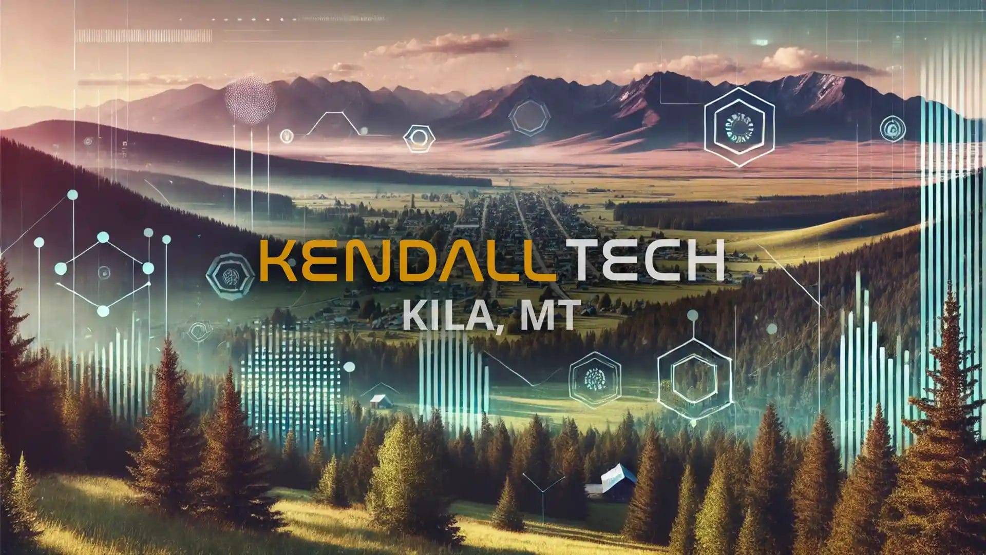 Logo of Kendall Tech with the sub-text ‘Kila, MT’ overlayed on a scenic view of a natural landscape featuring mountains and a valley, with subtle abstract technology symbols blended into the sky, representing Remote Managed IT Services.