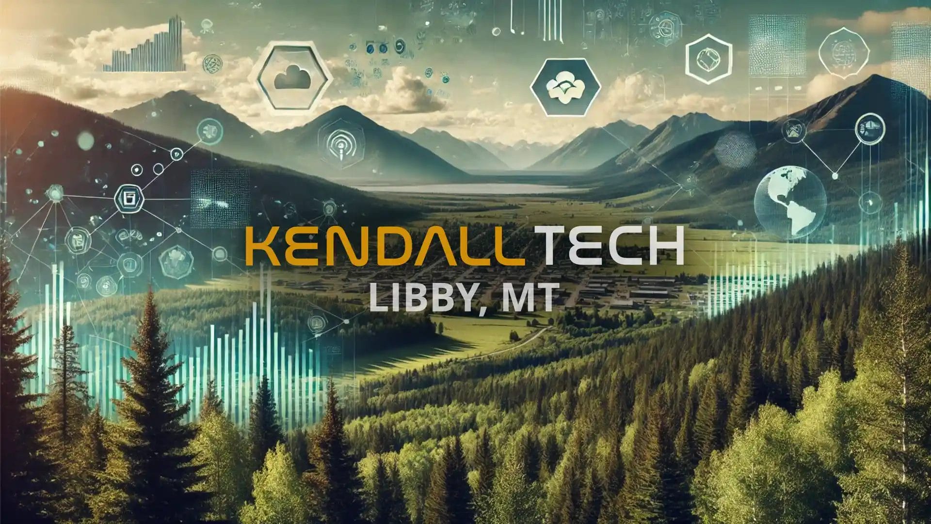 Logo of Kendall Tech with the sub-text ‘Libby, MT’ overlayed on a scenic view of a natural landscape featuring mountains and a valley, with subtle abstract technology symbols blended into the sky, representing Remote Managed IT Services.