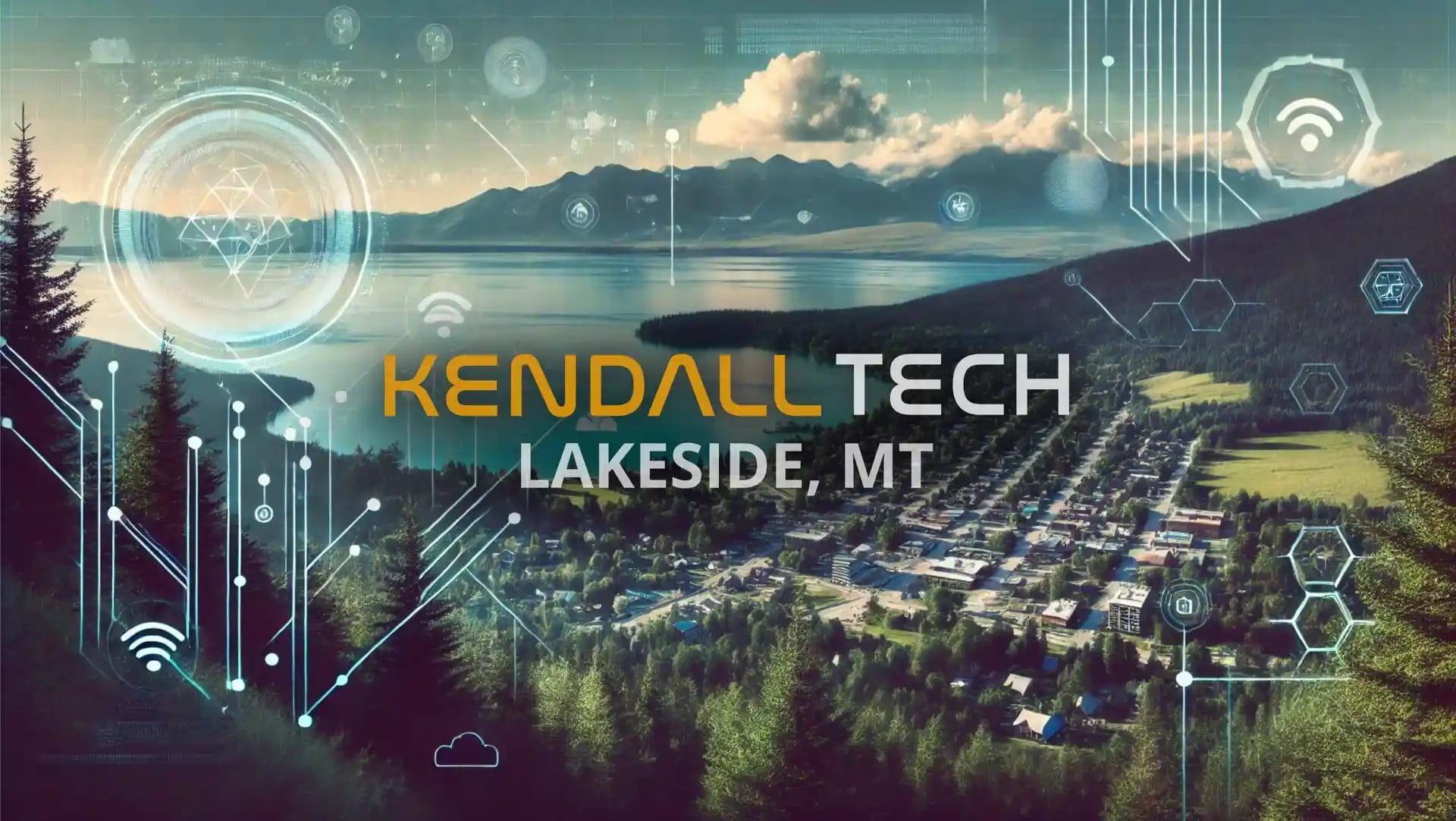 Logo of Kendall Tech with the sub-text ‘Lakeside, MT’ overlayed on a scenic view of a natural landscape featuring mountains and a valley, with subtle abstract technology symbols blended into the sky, representing Remote Managed IT Services.