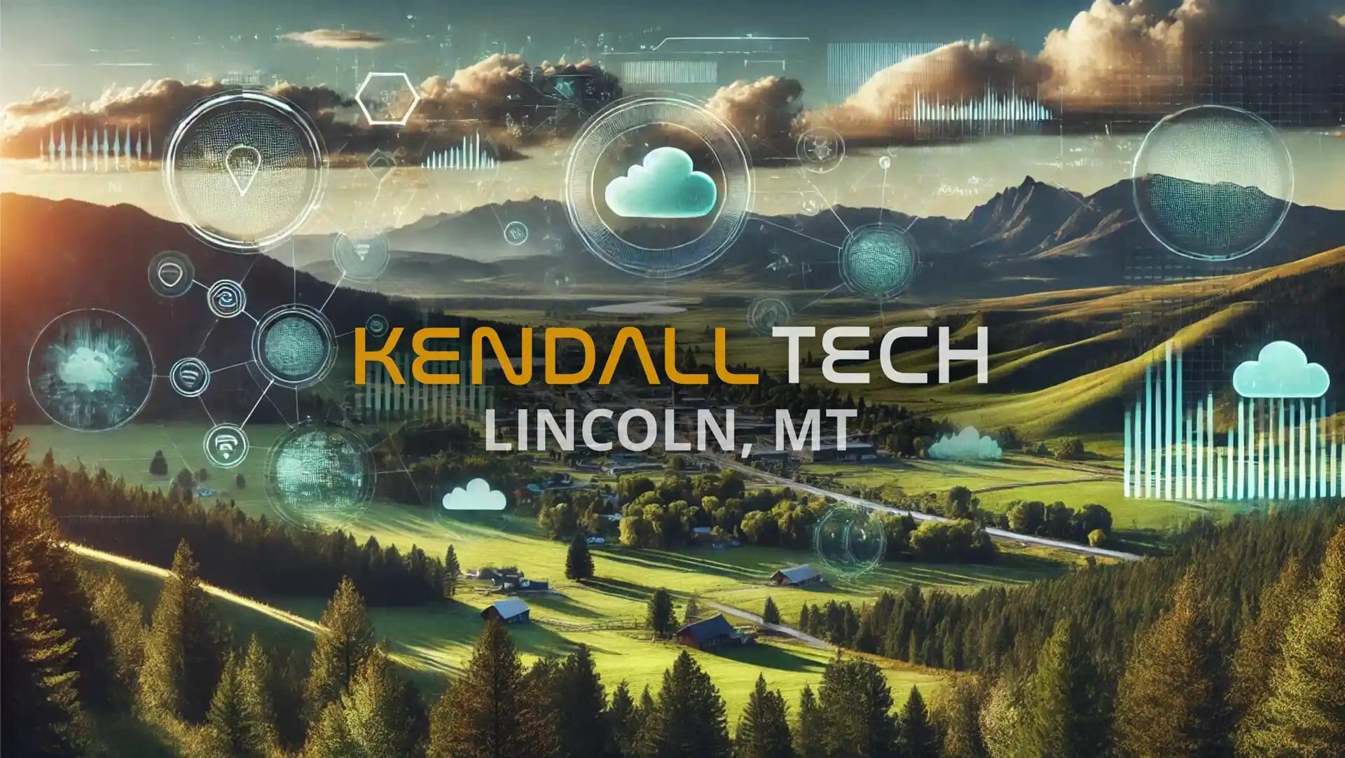 Logo of Kendall Tech with the sub-text ‘Lincoln, MT’ overlayed on a scenic view of a natural landscape featuring mountains and a valley, with subtle abstract technology symbols blended into the sky, representing Remote Managed IT Services.