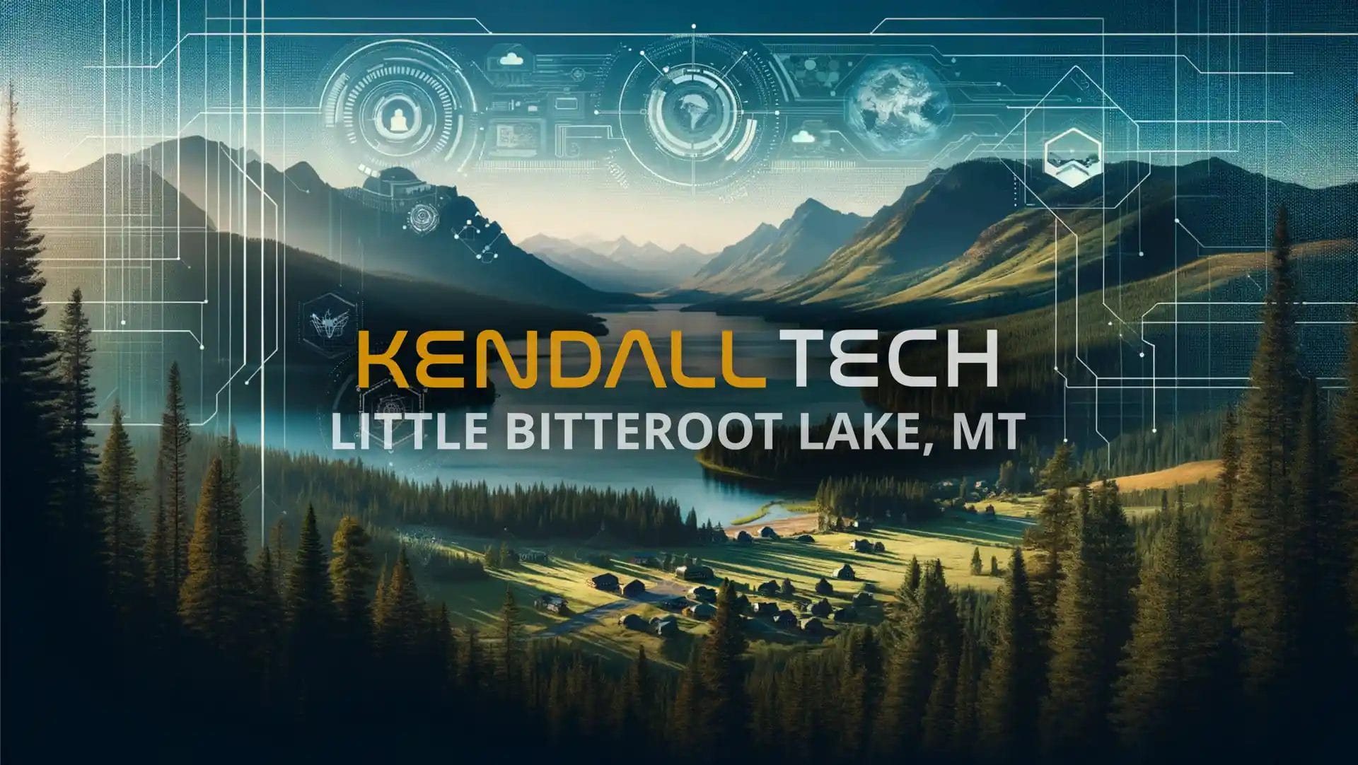 Logo of Kendall Tech with the sub-text ‘Little Bitterroot Lake, MT’ overlayed on a scenic view of a natural landscape featuring mountains and a valley, with subtle abstract technology symbols blended into the sky, representing Remote Managed IT Services.