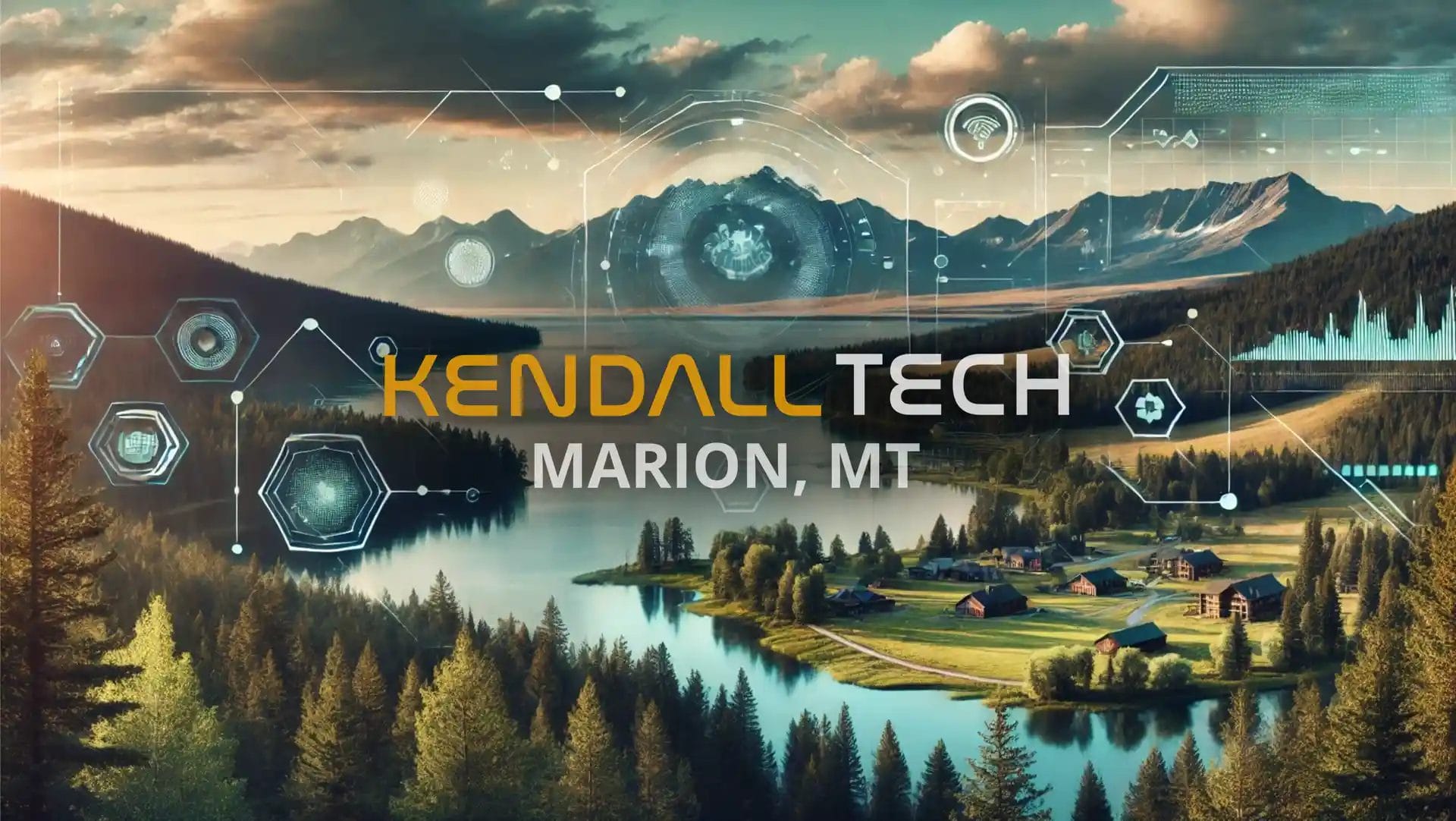 Logo of Kendall Tech with the sub-text ‘Marion, MT’ overlayed on a scenic view of a natural landscape featuring mountains and a valley, with subtle abstract technology symbols blended into the sky, representing Remote Managed IT Services.