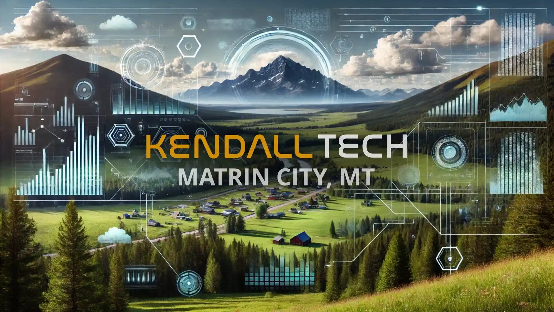 Logo of Kendall Tech with the sub-text ‘Martin City, MT’ overlayed on a scenic view of a natural landscape featuring mountains and a valley, with subtle abstract technology symbols blended into the sky, representing Remote Managed IT Services.