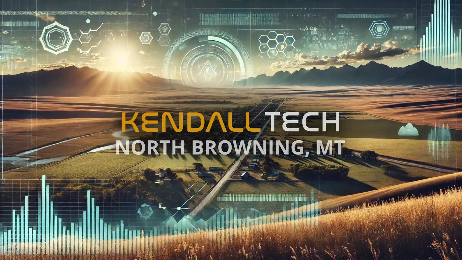 Logo of Kendall Tech with the sub-text ‘North Browning, MT’ overlayed on a scenic view of a natural landscape featuring mountains and a valley, with subtle abstract technology symbols blended into the sky, representing Remote Managed IT Services.