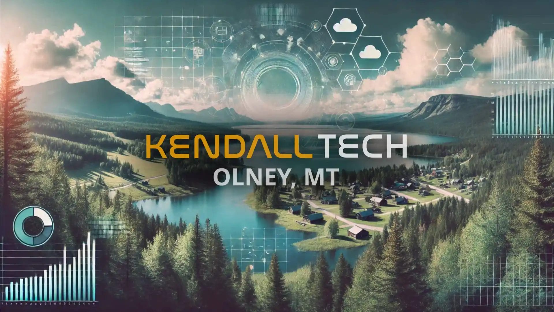 Logo of Kendall Tech with the sub-text ‘Olney, MT’ overlayed on a scenic view of a natural landscape featuring mountains and a valley, with subtle abstract technology symbols blended into the sky, representing Remote Managed IT Services.