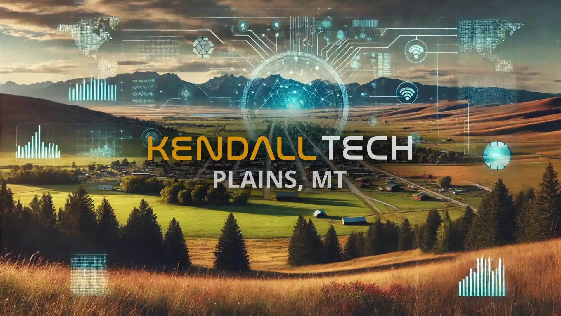 Logo of Kendall Tech with the sub-text ‘Plains, MT’ overlayed on a scenic view of a natural landscape featuring mountains and a valley, with subtle abstract technology symbols blended into the sky, representing Remote Managed IT Services.