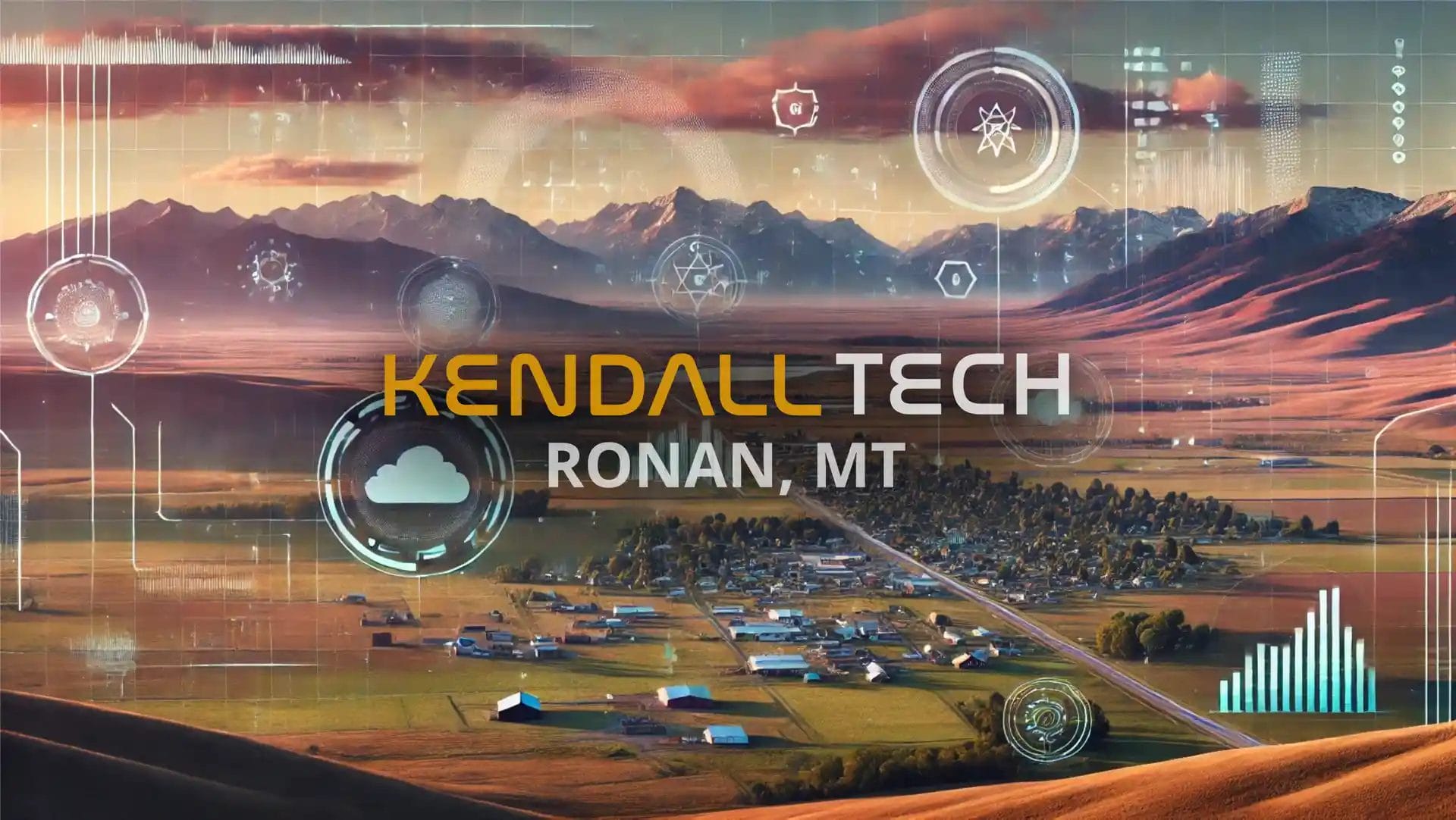 Logo of Kendall Tech with the sub-text ‘Ronan, MT’ overlayed on a scenic view of a natural landscape featuring mountains and a valley, with subtle abstract technology symbols blended into the sky, representing Remote Managed IT Services.