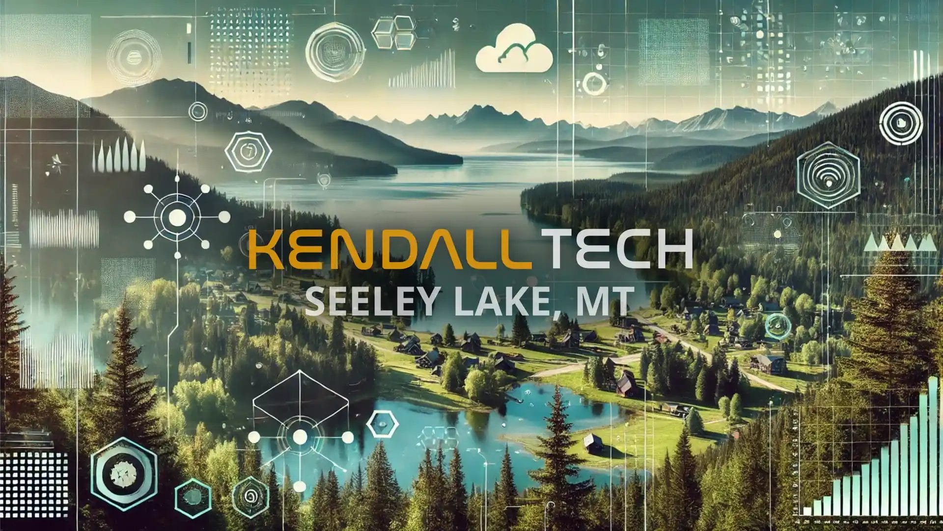 Logo of Kendall Tech with the sub-text ‘Seeley Lake, MT’ overlayed on a scenic view of a natural landscape featuring mountains and a valley, with subtle abstract technology symbols blended into the sky, representing Remote Managed IT Services.