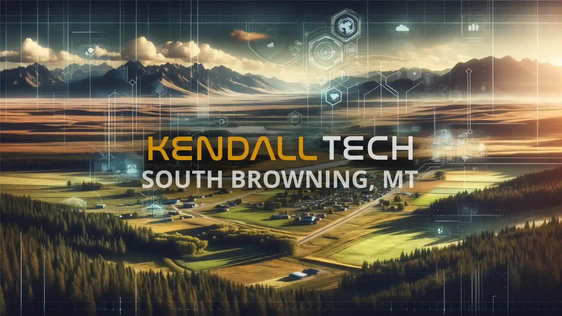 Logo of Kendall Tech with the sub-text ‘South Browning, MT’ overlayed on a scenic view of a natural landscape featuring mountains and a valley, with subtle abstract technology symbols blended into the sky, representing Remote Managed IT Services.