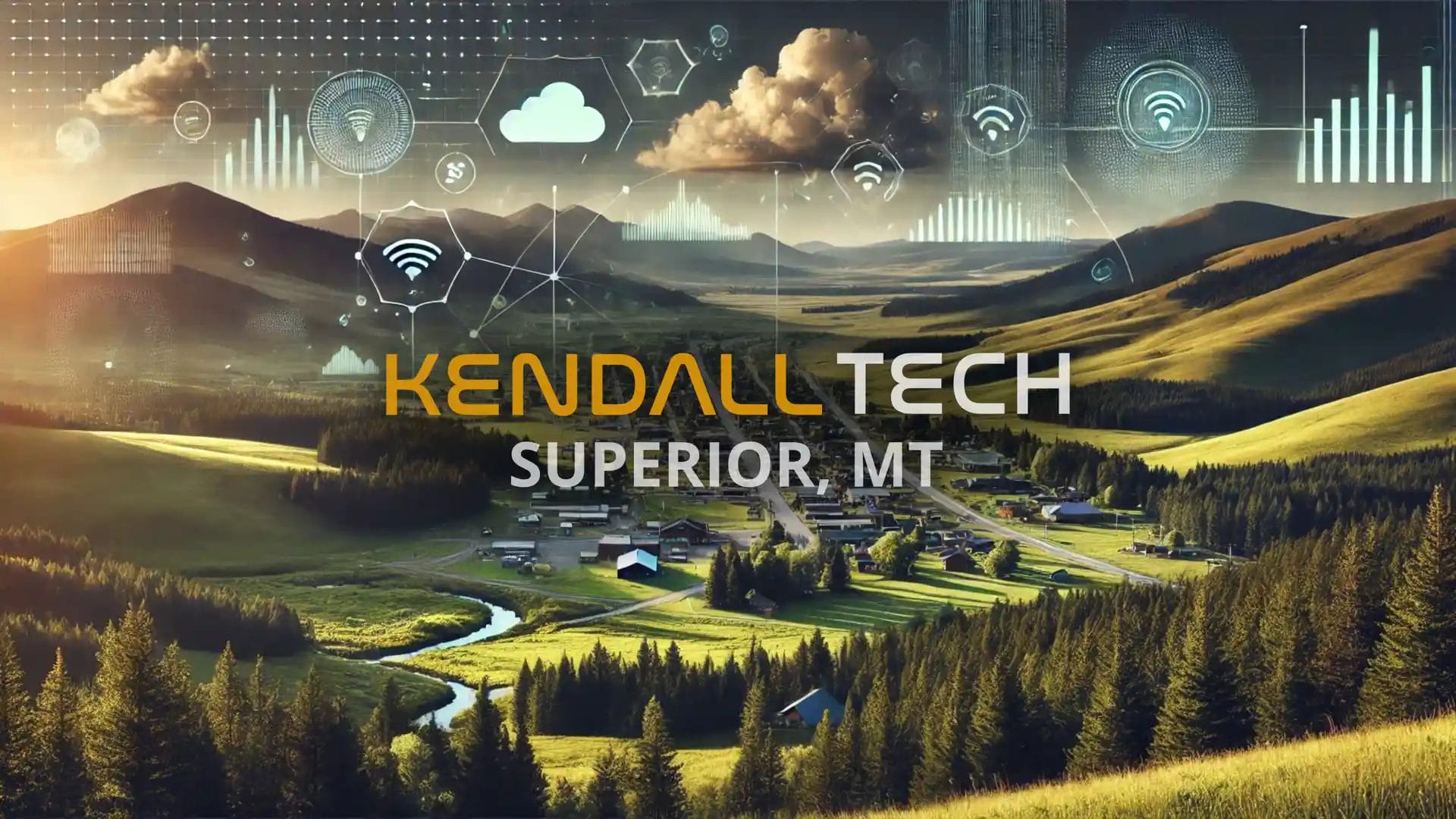 Logo of Kendall Tech with the sub-text ‘Superior, MT’ overlayed on a scenic view of a natural landscape featuring mountains and a valley, with subtle abstract technology symbols blended into the sky, representing Remote Managed IT Services.