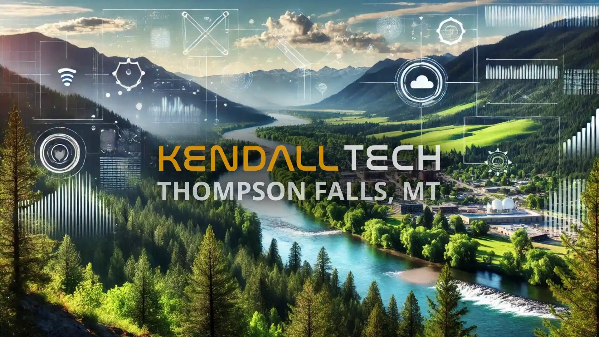 Logo of Kendall Tech with the sub-text ‘Thompson Falls, MT’ overlayed on a scenic view of a natural landscape featuring mountains and a valley, with subtle abstract technology symbols blended into the sky, representing Remote Managed IT Services.