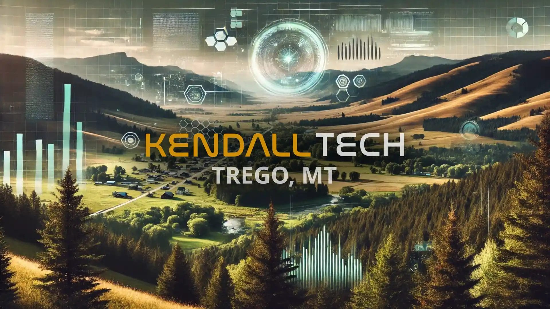 Logo of Kendall Tech with the sub-text ‘Trego, MT’ overlayed on a scenic view of a natural landscape featuring mountains and a valley, with subtle abstract technology symbols blended into the sky, representing Remote Managed IT Services.