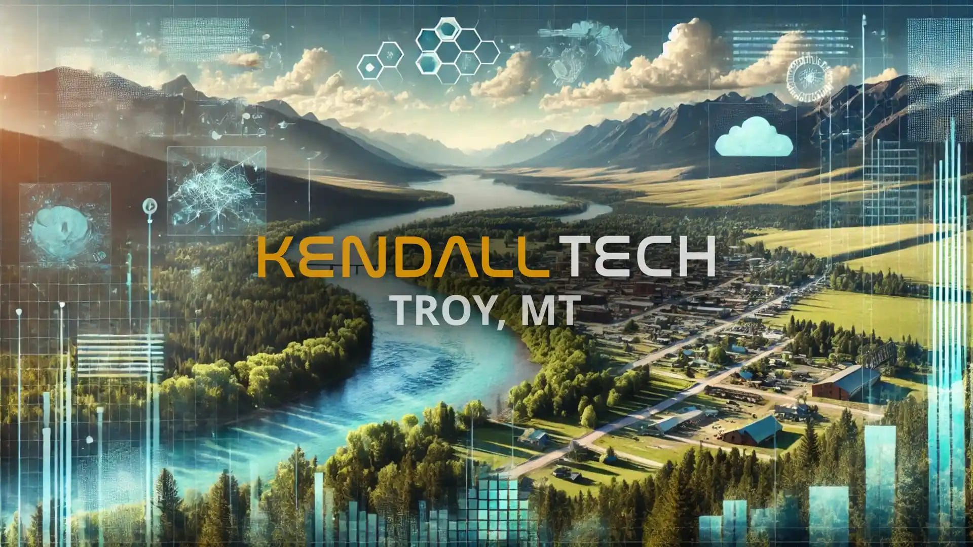 Logo of Kendall Tech with the sub-text ‘Troy, MT’ overlayed on a scenic view of a natural landscape featuring mountains and a valley, with subtle abstract technology symbols blended into the sky, representing Remote Managed IT Services.