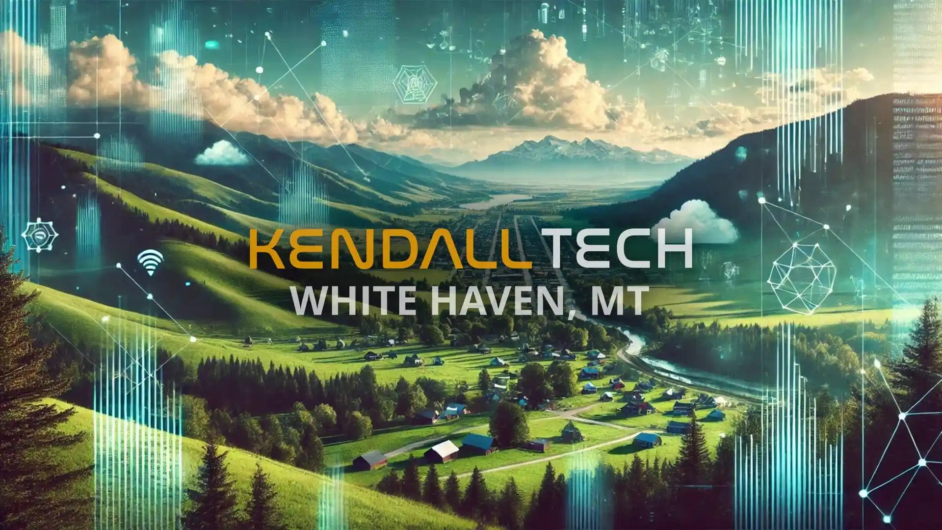 Logo of Kendall Tech with the sub-text ‘White Haven, MT’ overlayed on a scenic view of a natural landscape featuring mountains and a valley, with subtle abstract technology symbols blended into the sky, representing Remote Managed IT Services.