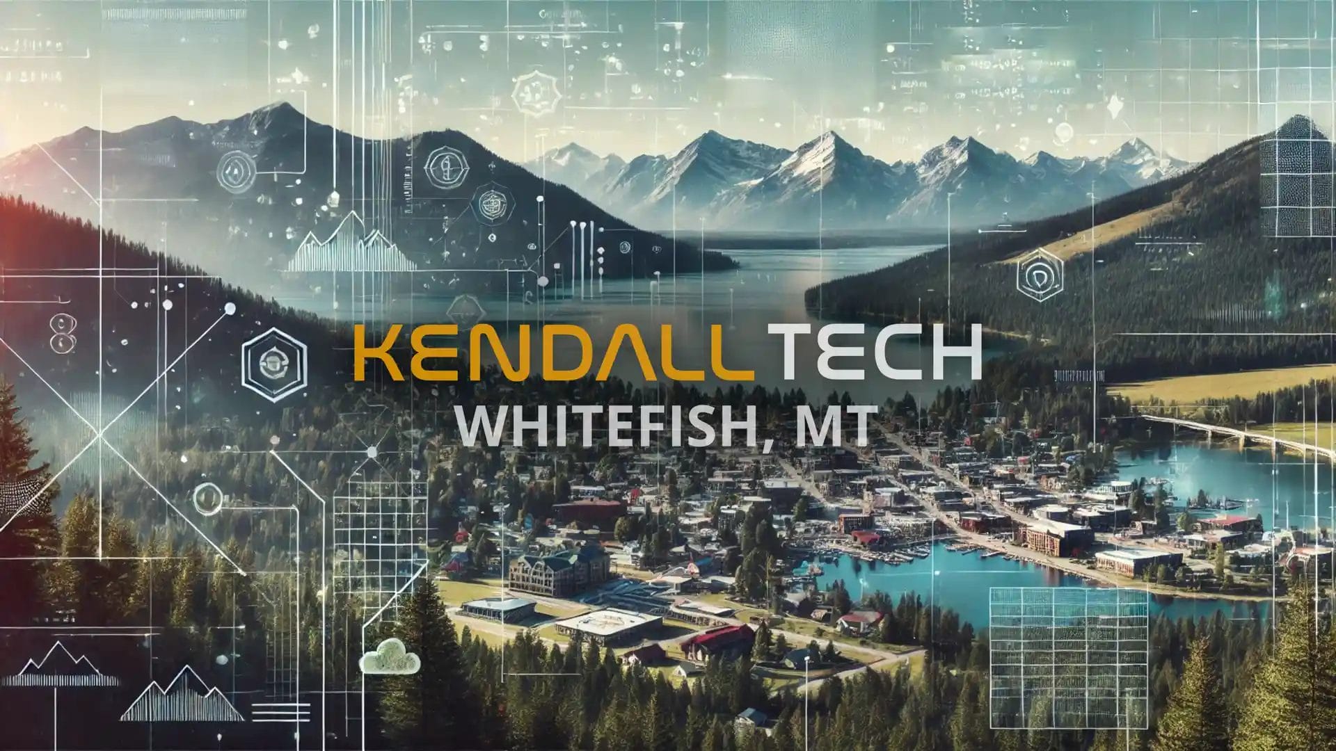 Logo of Kendall Tech with the sub-text ‘Whitefish, MT’ overlayed on a scenic view of a natural landscape featuring mountains and a valley, with subtle abstract technology symbols blended into the sky, representing Remote Managed IT Services.