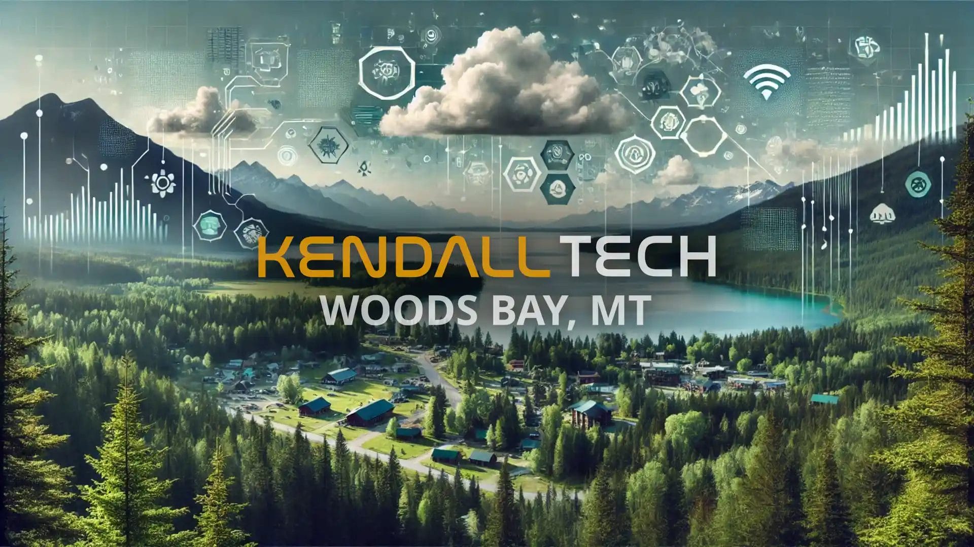 Logo of Kendall Tech with the sub-text ‘Woods Bay, MT’ overlayed on a scenic view of a natural landscape featuring mountains and a valley, with subtle abstract technology symbols blended into the sky, representing Remote Managed IT Services.