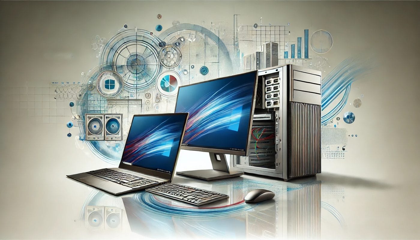 Illustration of desktops, laptops, and servers in a business environment, showcasing high-performance computing for professional use.