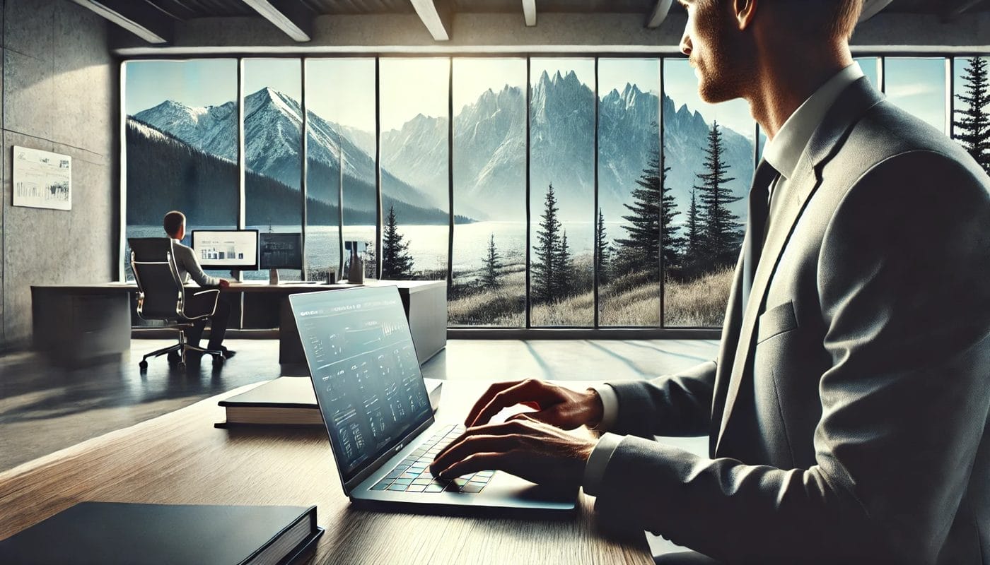 A business owner working on a laptop in a modern office with Montana’s natural beauty, including mountains and trees, visible through large windows.